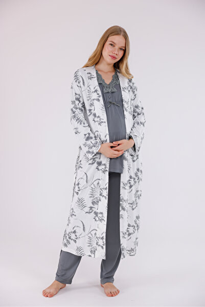 Yulem Homewear Smoked Patterned Lace Detailed Design Full Length Dressing Gown Maternity 3-Piece Pajama Set