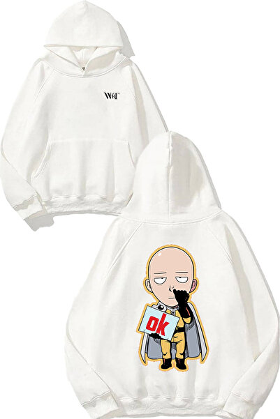 THEWERT Hanorac alb cu glugă cu imprimeu pe spate One Punch Man 2 Design