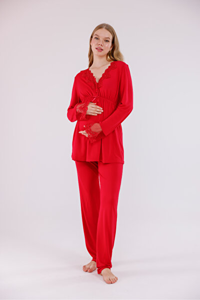 Yulem Homewear Red Patterned Lace Detailed Design Full Length Maternity Pajama Set with Dressing Gown for Pregnant Women, 3-Piece