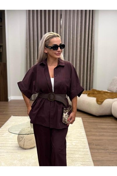 Muna Boutique طقم نسائي من القماش المريح باللون العنابي