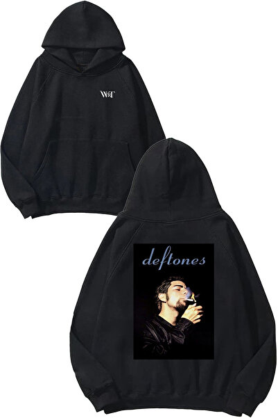 THEWERT Hanorac negru cu glugă cu imprimeu pe spate Deftones 22 Design