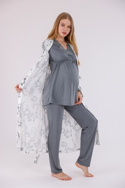 Yulem Homewear Smoked Patterned Lace Detailed Design Full Length Dressing Gown Maternity 3-Piece Pajama Set