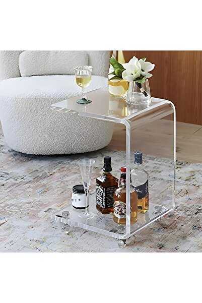 Slasa Acrylic C-Shaped Rolling Side Table – Modern Mobile End Table – 33 × 35.1 × 55.9 cm