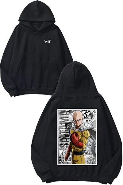 THEWERT Hanorac negru cu glugă cu imprimeu pe spate One Punch Man 10 Design