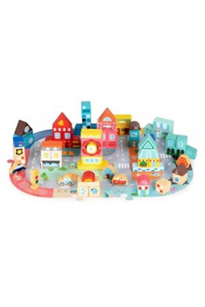 Ecotoys Educational Wooden Block Set with Puzzle Mat, 88 Pieces, City MA705