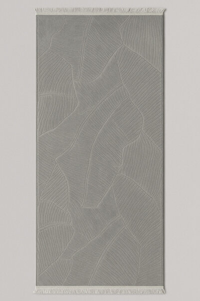 Merinos Rölyef Garden Klasik Saçaklı Kaymaz Taban Halı Yolluk Kilim Gri