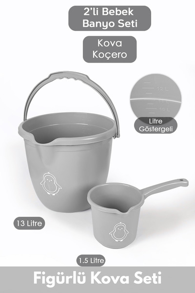 PONÇİK STORE 2'li Bebek Banyo Seti - Figürlü Banyo Su Kovası - Maşrapa - Gri