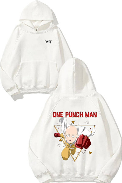 THEWERT Hanorac alb cu glugă cu imprimeu pe spate One Punch Man 6 Design
