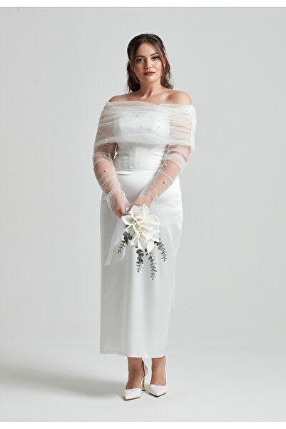 Moda Alba Pearl Detachable Neckline Strapless Midi Length Plus Size White Engagement Wedding Evening Dress