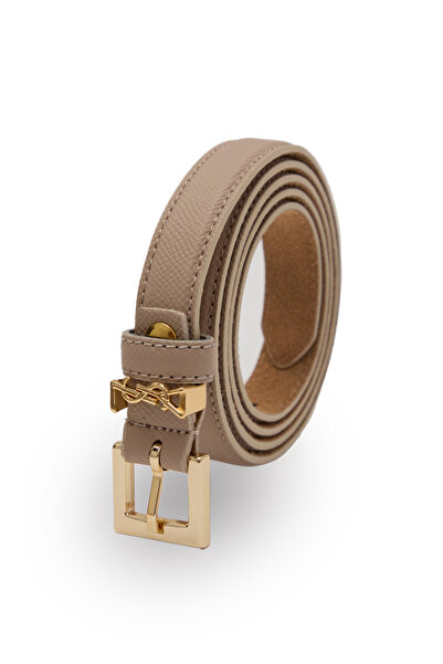 Velvoria حزام جلدي رفيع بإبزيم ذهبي لامع بلون بيج رملي للنساء