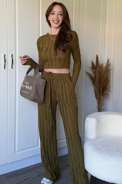 Dilay Gökoğlu Butik Ruffled Long Sleeve Crop Khaki Set