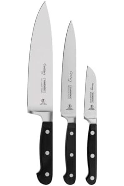 TRAMONTINA طقم سكاكين سينشري من 3 قطع بشفرة من الفولاذ المقاوم للصدأ ومقابض من البولي كربونات السوداء