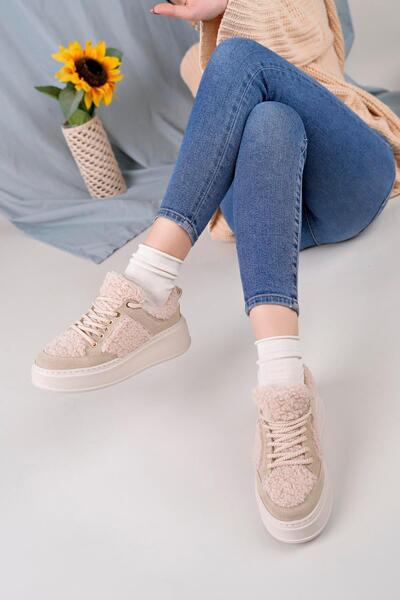 homiro Γυναικεία βελούδινα αθλητικά παπούτσια με λεπτομέρειες - Μπεζ