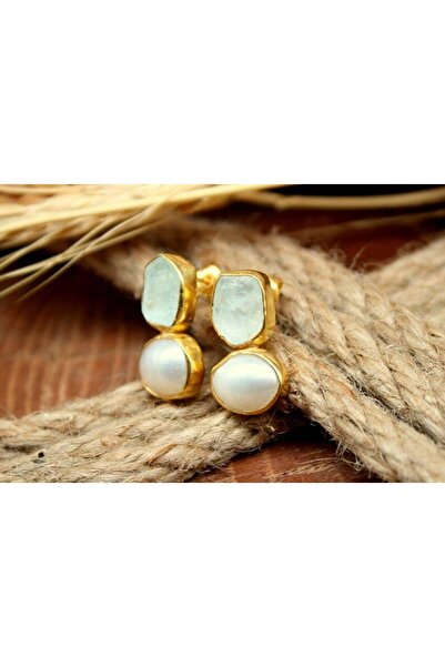 alpsilverart 925 Ayar Gümüş Ham Akuamarin ve İnci Taşlı Küpe | El Yapımı Otantik Kadın Takı