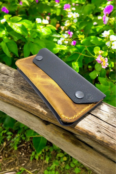 Leather Cy Luna Camel Black Genuine Leather Unisex Small Clutch Bag Name Writing Included Handmade Unisex Wallet