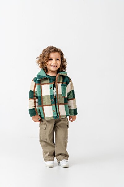 Magu Boy's Cotton Green Checkered Patterned Fleece Jacket – Buttoned with Pockets