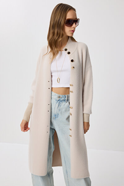 Lovelyİstanbul Dlouhý pletený kardigan s vousy LNX0012 BÉŽOVÝ