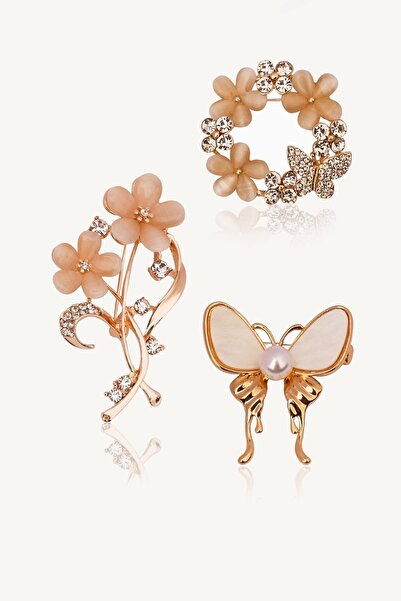 Stelart Kelebek ve Çiçekli Üçlü Broş Seti