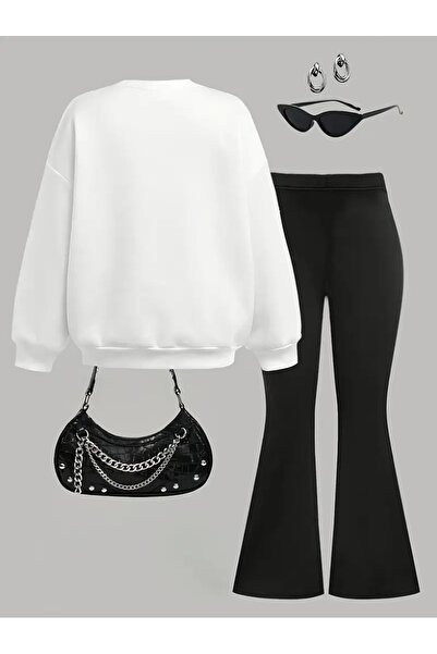 buendiakids Girl's White-Black Leopard Ribbon Printed Crew Neck Spanish Leg Pants Set