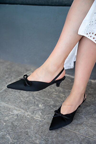 LamintaGlobal Fonis Black Bow Detailed Satin Women's Heeled Shoes