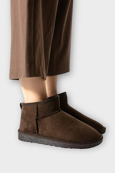 Liger Mini Süet İçi Kürklü Alçak Taban Bilekte Kısa Kadın Bot KAHVERENGİ