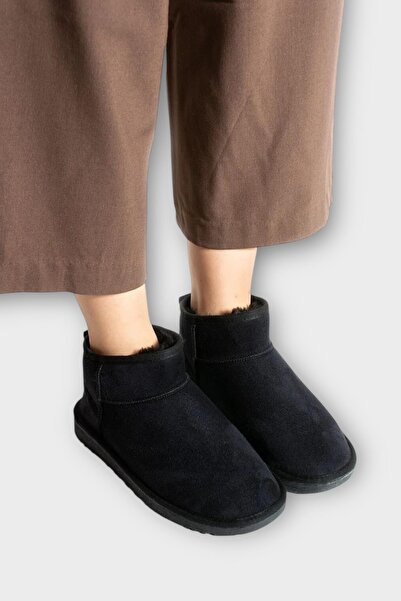 Liger Mini Süet İçi Kürklü Alçak Taban Bilekte Kısa Kadın Bot SİYAH