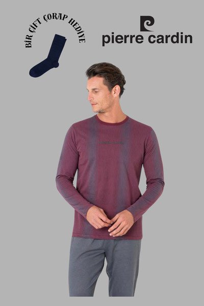 Pierre Cardin Men's Burgundy Long Sleeve Cotton Pajama Set with 1 Pair of Socks as a Gift