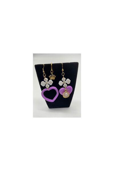 CHIC Lila Heart White Flower Gold Crown Triple Polymer Clay Dangle Earrings