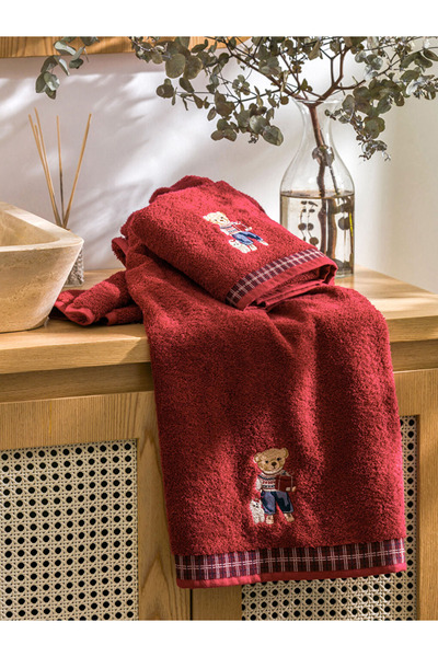 LC Waikiki Burgundy Bear Teddy Embroidered Towel Set of 2