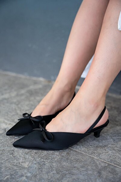 LamintaGlobal Fonis Black Bow Detailed Satin Women's Heeled Shoes