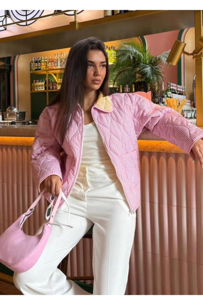 Molly Nelly Women's Pink Gingham Pocketed Women's Coat