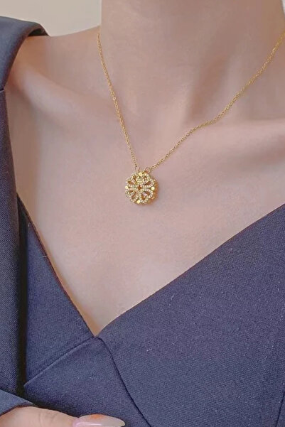 laria jewelry Mıknatıslı Taşlı Dört Yapraklı Kalpli Yonca Kolye