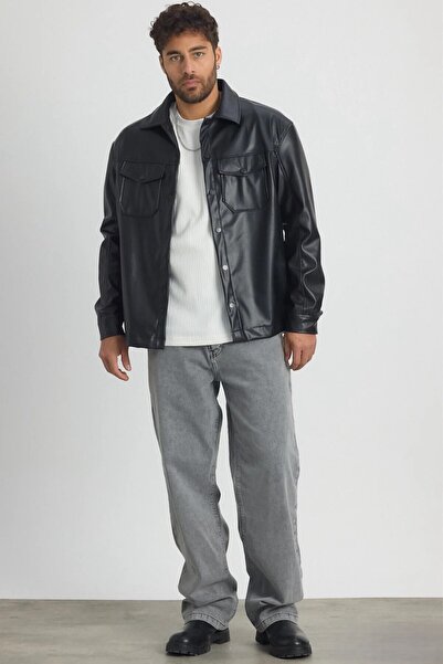 MADZEYMODA Ανδρικό δερμάτινο αθλητικό μπουφάν Premium με άνετη εφαρμογή, με επένδυση από φλις μαύρο LS-58543
