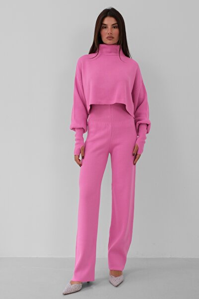 4S1B FASHION Set pulover tricotat roz și pantaloni tricotați roz cu talie îna...