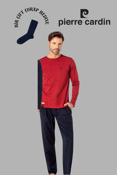 Pierre Cardin Men's Burgundy Long Sleeve Cotton Pajama Set with 1 Pair of Socks as a Gift