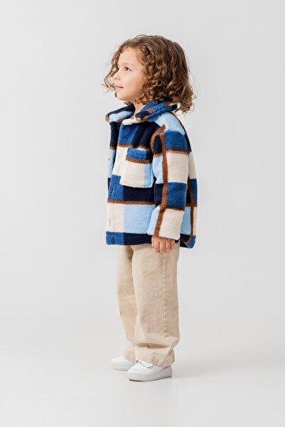 Magu Boy's cotton blue checkered patterned fleece jacket - buttoned with pockets