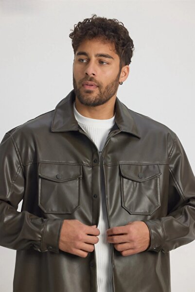 MADZEYMODA Premium Men's Comfortable Fit Fleece Lined Khaki Sports Leather Jacket Ls-58543