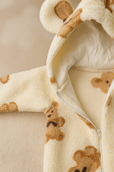 eradkids Hooded Plush Baby Romper with Cute Teddy Bear Detail