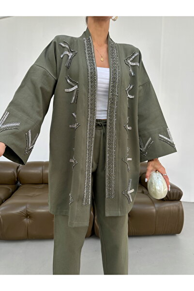 MİA NOURA Women's Oversize Fit Kimono with Beaded Embroidery on the Front