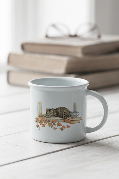 giftkonsept Autumn Themed Cute Cat No:10 Printed Enamel-Looking Ceramic Vintage Mug Cup