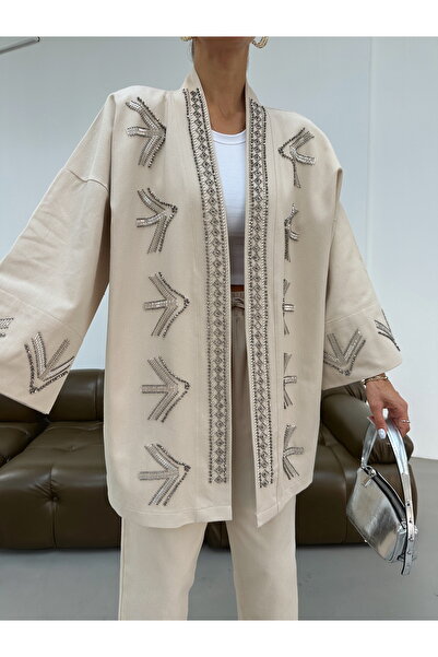 MİA NOURA Women's Oversize Fit Kimono with Beaded Embroidery on the Front