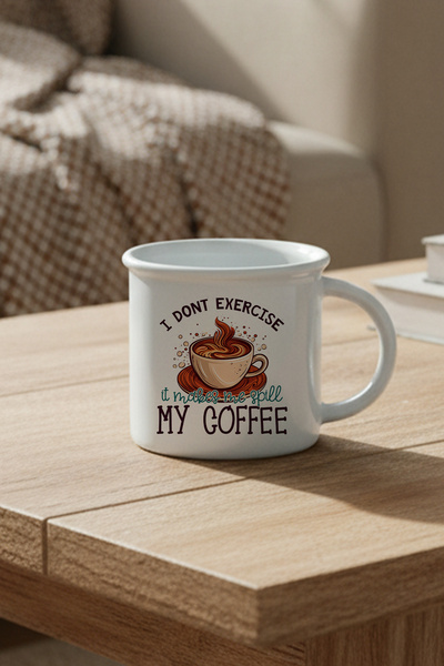 giftkonsept I Don'T Exercise It Makes Me Spill My Coffee Printed Enamel-Looking Ceramic Vintage Mug Cup