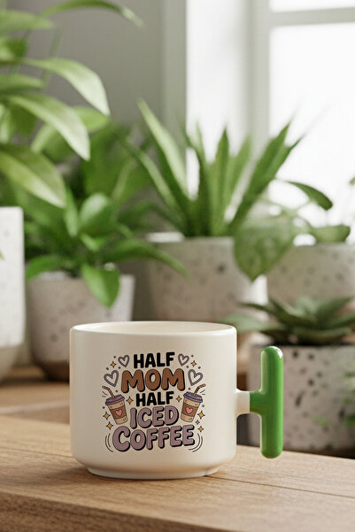 giftkonsept Half Mom Half Iced Coffee Baskılı Yeşil Renkli T Kulplu Latte Fin...