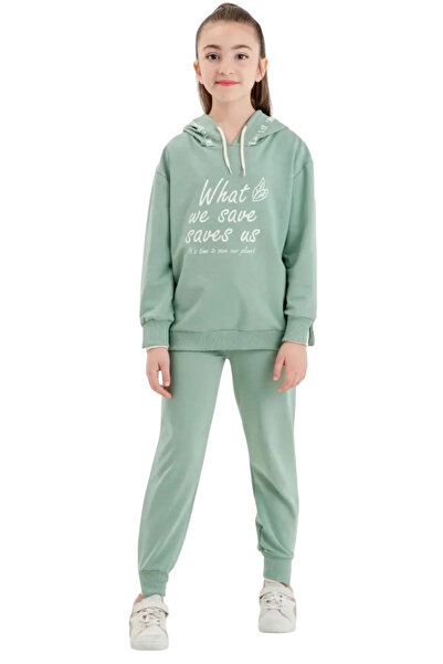 İrem Çocuk Giyim Girl's What Written Hooded Mint Green Tracksuit Set