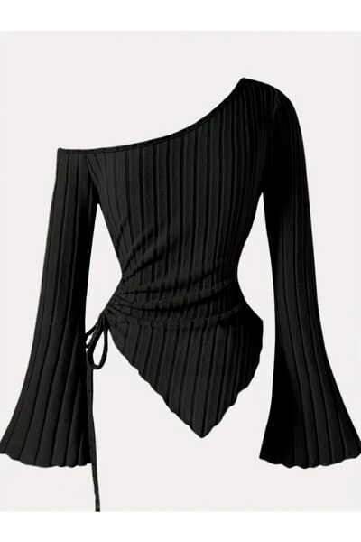 Wild Flower Bluză tricotată cu un singur umăr, asimetrică, negru-bej, pentru femei, 2 bucăți – mânecă spaniolă, detaliu cu șnur