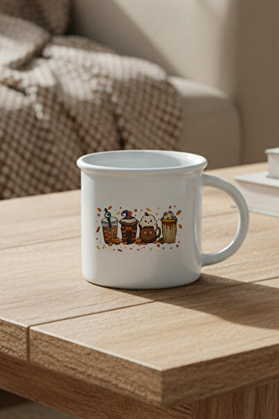 giftkonsept Autumn Themed Coffees No:3 Printed Enamel Look Ceramic Vintage Mug Cup