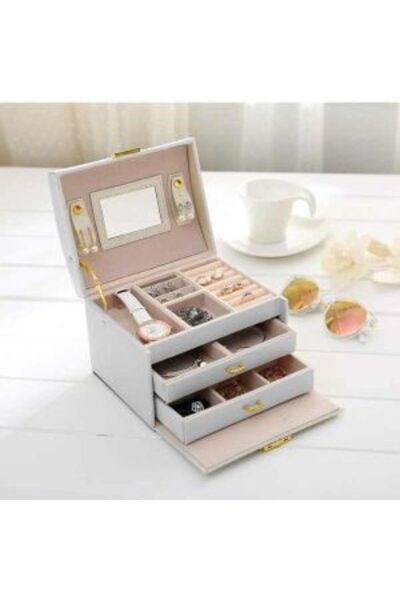 Mercaton Jewelry Box made of Leather, Suitcase Type with 3 Compartments, 17×13.7×12 cm, Cream