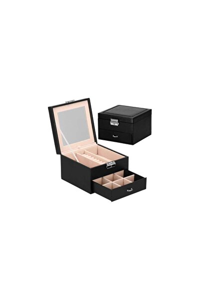 Springos Jewelry box, velvet and faux leather, black and pink, with mirror, 16x16x11 cm,