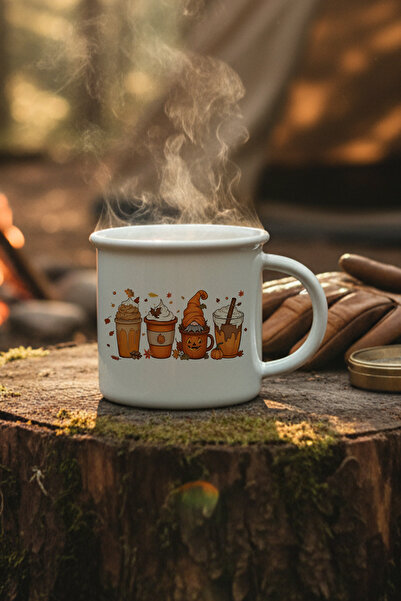 giftkonsept Autumn Themed Coffees No:6 Printed Enamel-Looking Ceramic Vintage Mug Cup