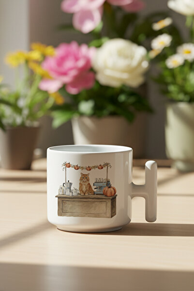 giftkonsept Autumn Themed Cute Cat No:6 Printed Gift T-Handle Latte Cup Mug